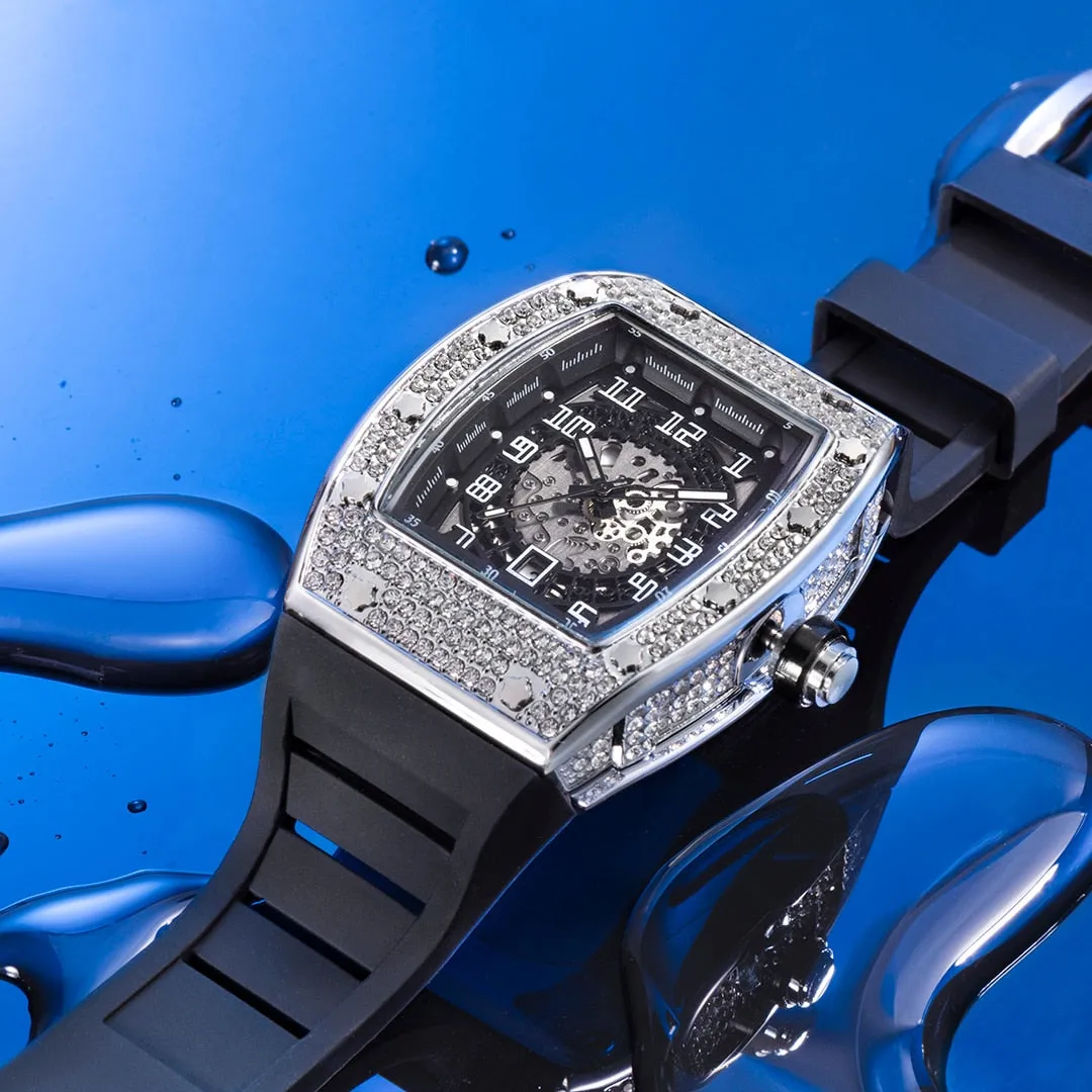 Tonneau Hook Buckle Clasp Platinum Diamond Iced Out Wristwatch for Men