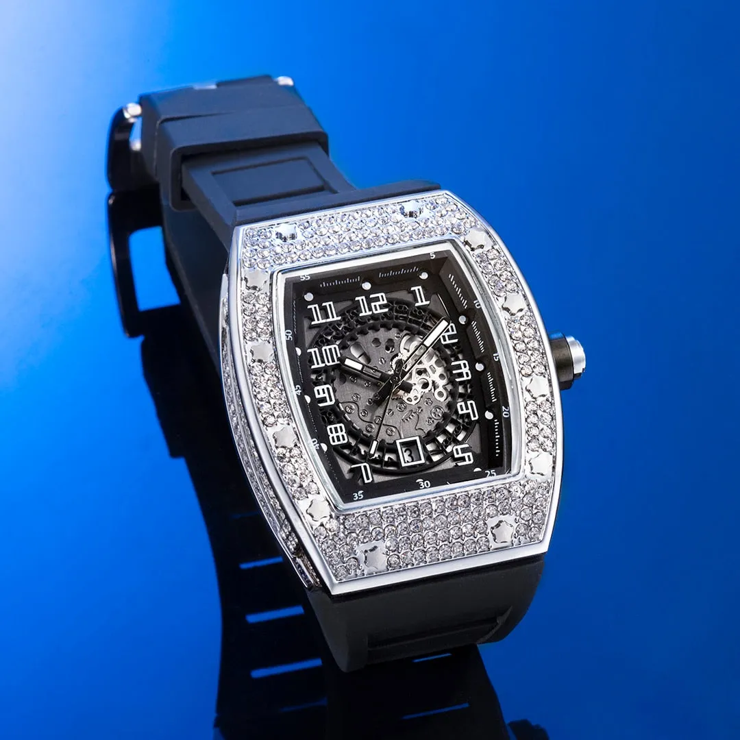 Tonneau Hook Buckle Clasp Platinum Diamond Iced Out Wristwatch for Men