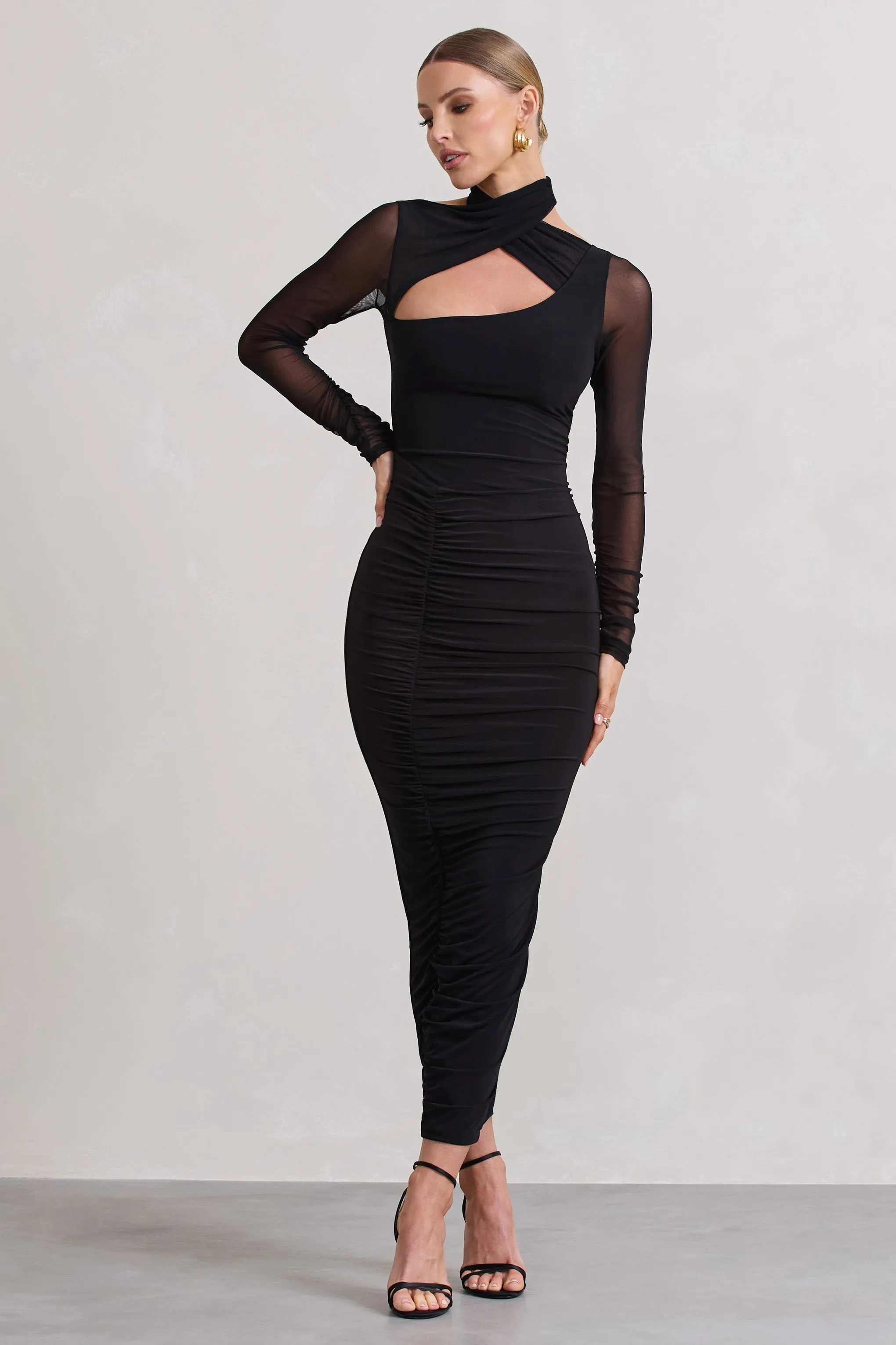 Under Wraps | Black Ruched Cut Out Long-Sleeve Midi Dress