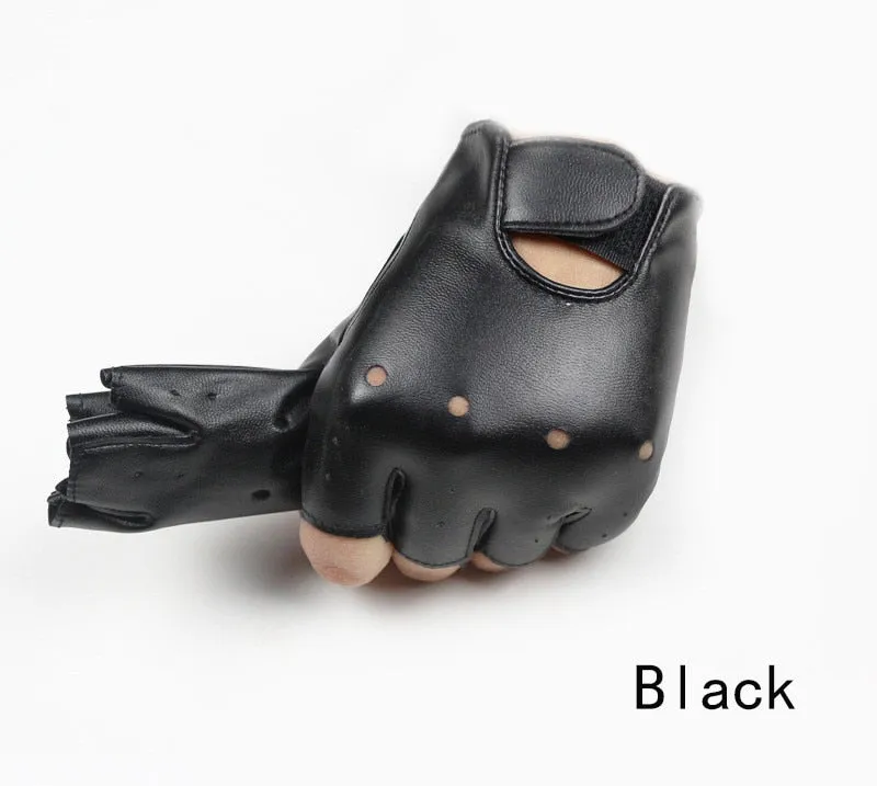 Unisex Kids Black Half Finger Outside Sport Warm Synthetic Leather Gloves