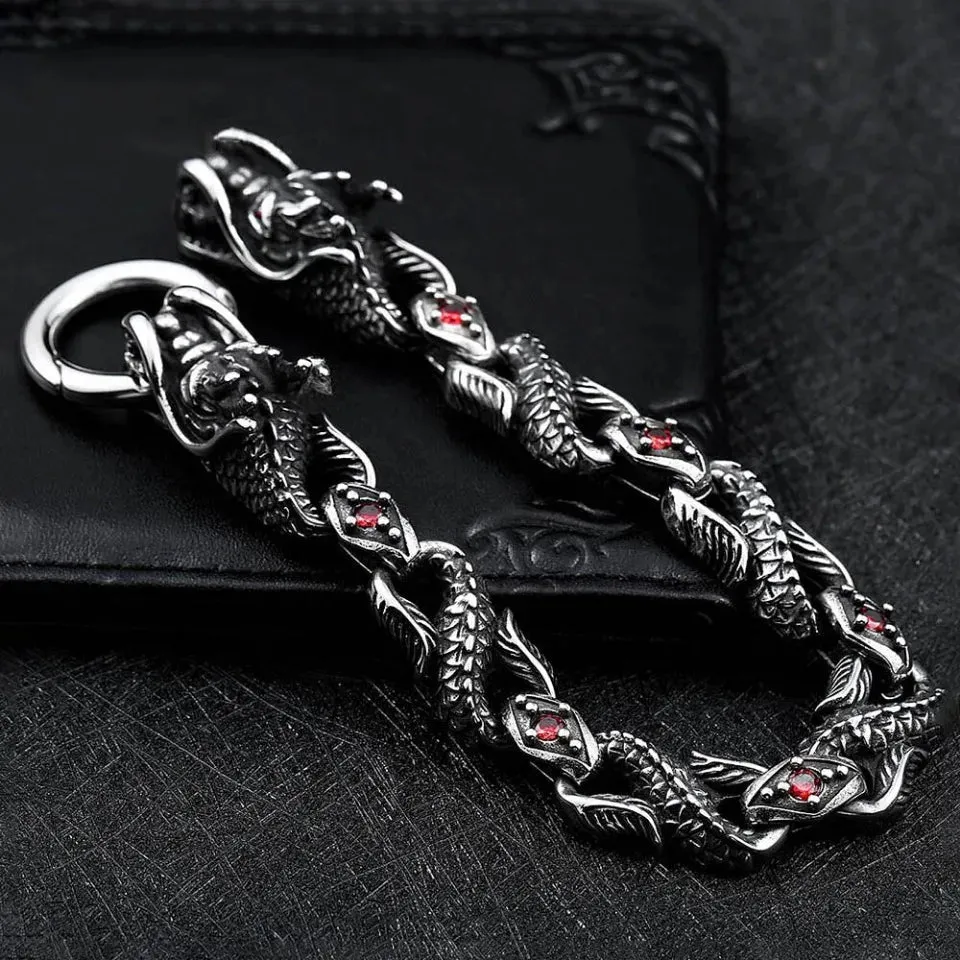 Unisex Vintage Domineering Dragon Stainless Steel Red Stone Bracelet