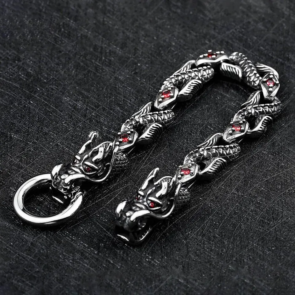 Unisex Vintage Domineering Dragon Stainless Steel Red Stone Bracelet