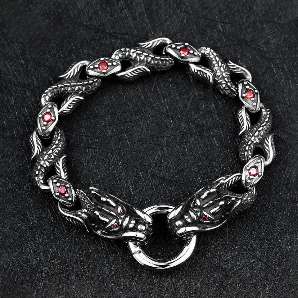 Unisex Vintage Domineering Dragon Stainless Steel Red Stone Bracelet