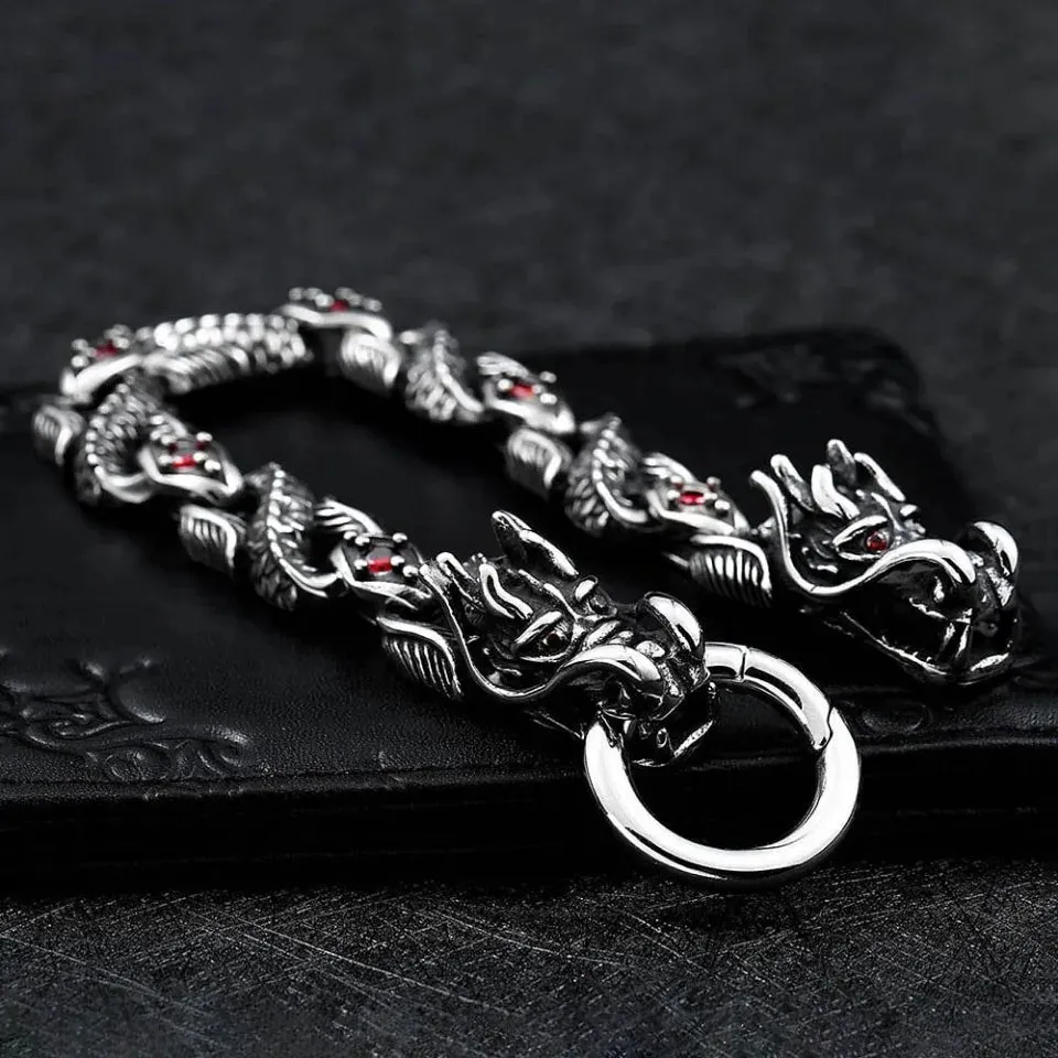 Unisex Vintage Domineering Dragon Stainless Steel Red Stone Bracelet