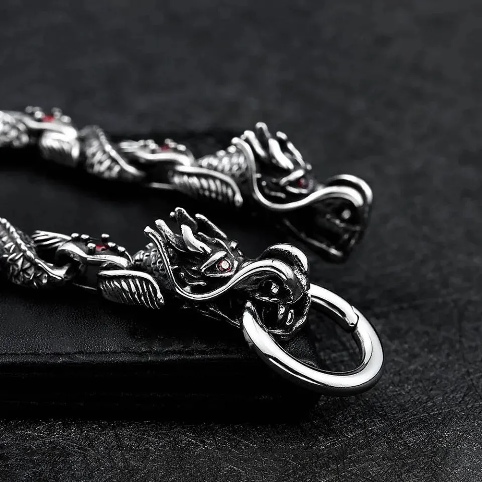 Unisex Vintage Domineering Dragon Stainless Steel Red Stone Bracelet