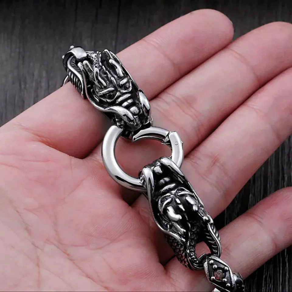 Unisex Vintage Domineering Dragon Stainless Steel Red Stone Bracelet