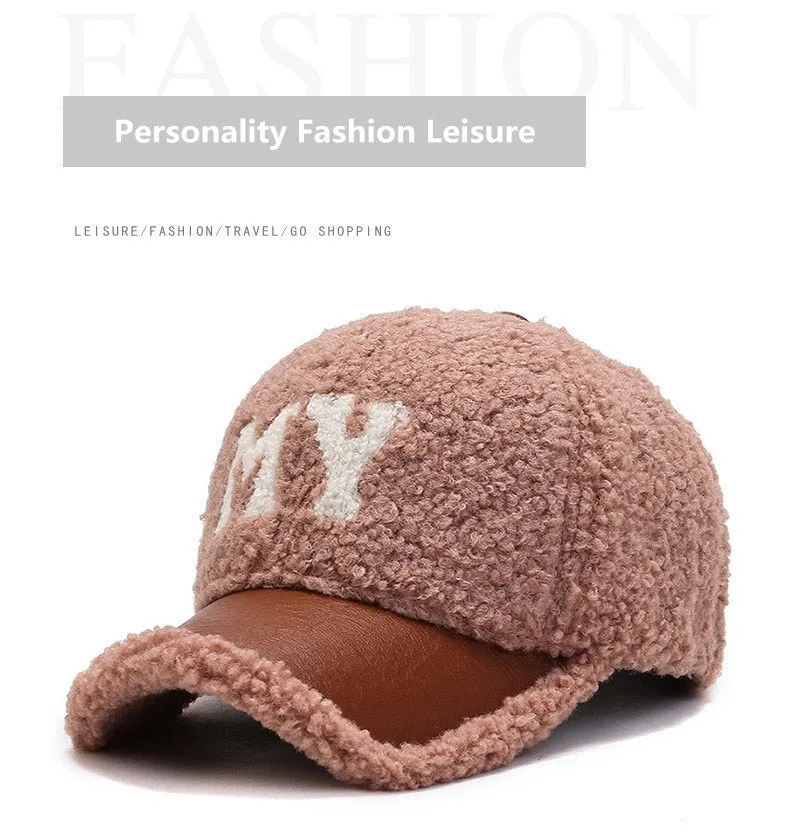 Unisex Winter Thickened Warm Lamb Wool Embroidered Rebound Baseball Cap