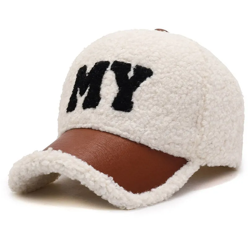 Unisex Winter Thickened Warm Lamb Wool Embroidered Rebound Baseball Cap