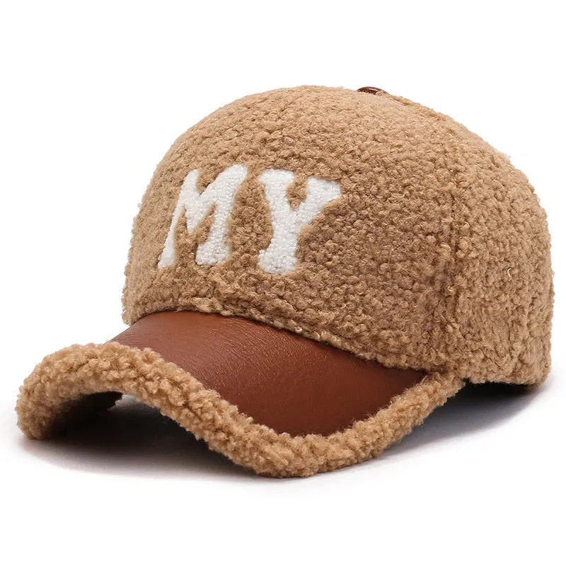 Unisex Winter Thickened Warm Lamb Wool Embroidered Rebound Baseball Cap