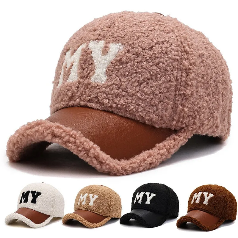 Unisex Winter Thickened Warm Lamb Wool Embroidered Rebound Baseball Cap