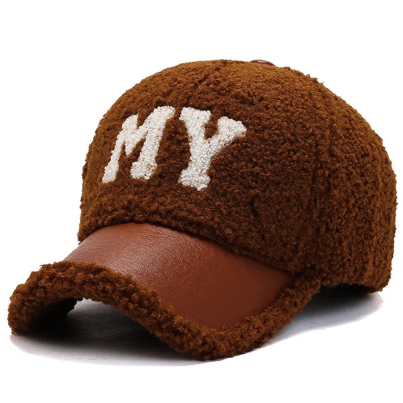 Unisex Winter Thickened Warm Lamb Wool Embroidered Rebound Baseball Cap