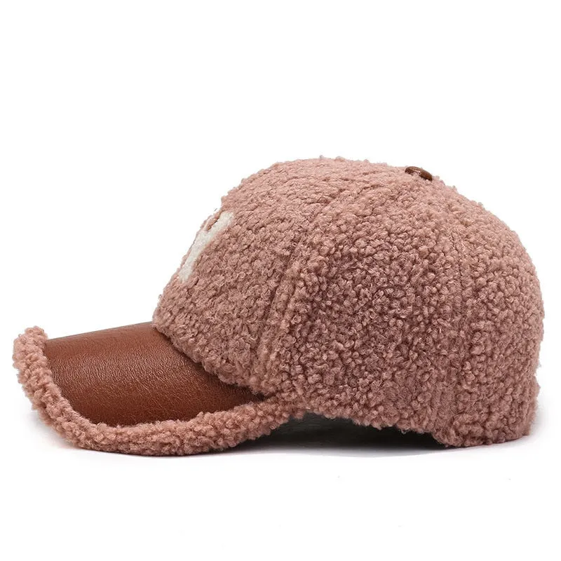 Unisex Winter Thickened Warm Lamb Wool Embroidered Rebound Baseball Cap