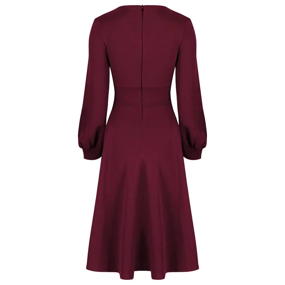 Wine Red Long Sleeve A Line Vintage Crossover Tea Swing Dress