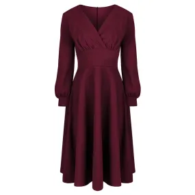 Wine Red Long Sleeve A Line Vintage Crossover Tea Swing Dress