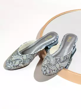 Women Grey Printed Block Heel Mules With Western - Embellished