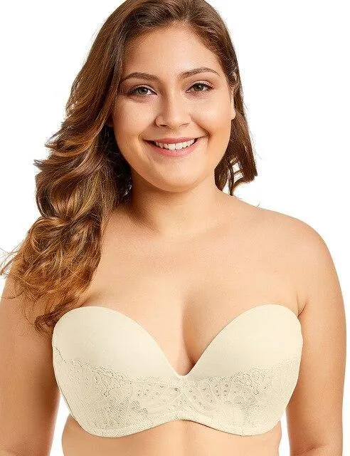 Women's Ivory Color Lace Strapless Slightly Lined Underwired Bra